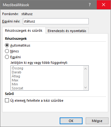 A Mezőbeállítások párbeszédpanel Részösszegek és szűrők lapja