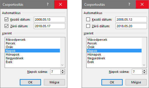 Két Csoportosítás ablak dátummezőhöz, Napok kijelölve, Napok száma 7