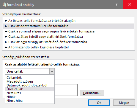 Az Új formázási szabály párbeszédpanel a szabálytípusok listájával, lenyitva a cellatartalom-lista