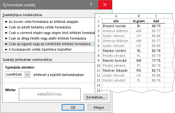 Az Új formázási szabály ablak ismétlődő értékek beállítással, mellette szürkített ismétlődő sorok