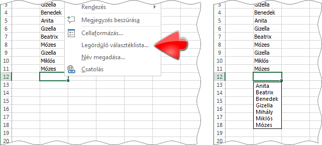A helyi menü Legördülő választéklista parancsa és a megjelenő névlista