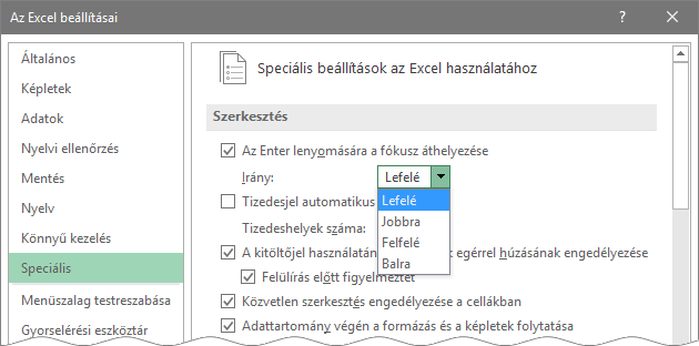 Az Excel beállításai, Speciális: Az Enter lenyomására a fókusz áthelyezése, Irány legördülő lista