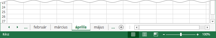 Lapfülek február, március, április, május nevekkel, a plusz gombbal és az állapotsorral