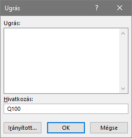 Az Ugrás párbeszédpanel, a Hivatkozás mezőben Q100