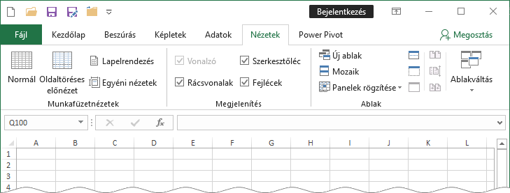 A Nézet lap Megjelenítés csoportja a Szerkesztőléc, Rácsvonalak és Fejlécek jelölőnégyzetekkel