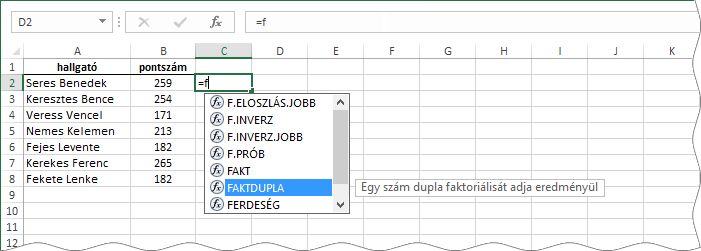 A névkiegészítő lista az F betűvel kezdődő függvényekkel