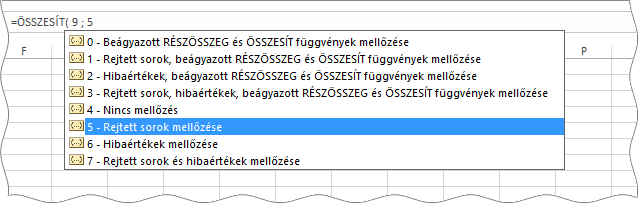 Az ÖSSZESÍT függvény beállításainak listája 0-tól 7-ig